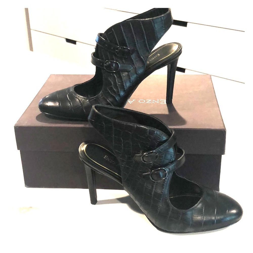 Black crocodile leather strappy heels